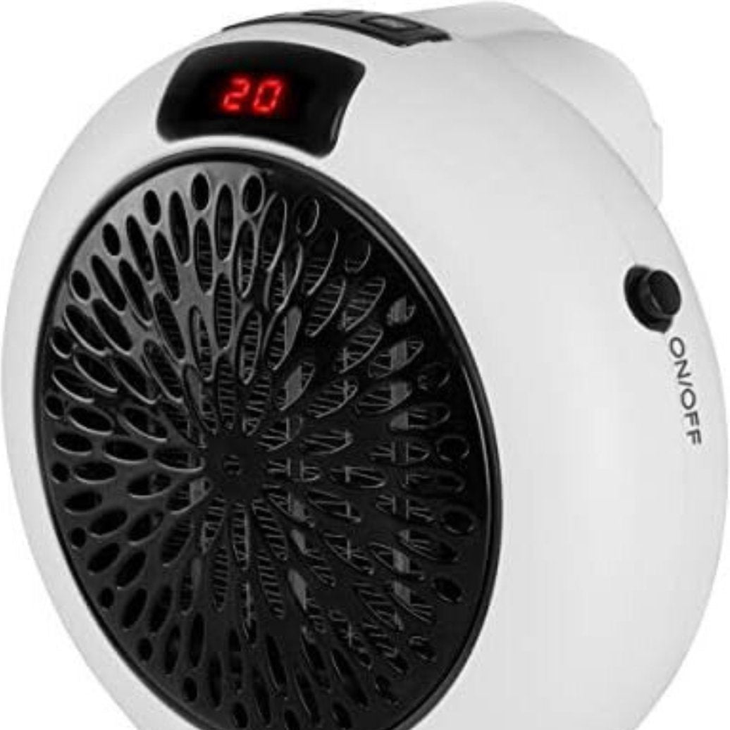 White handheld heater with digital display and on/off switch on a white background