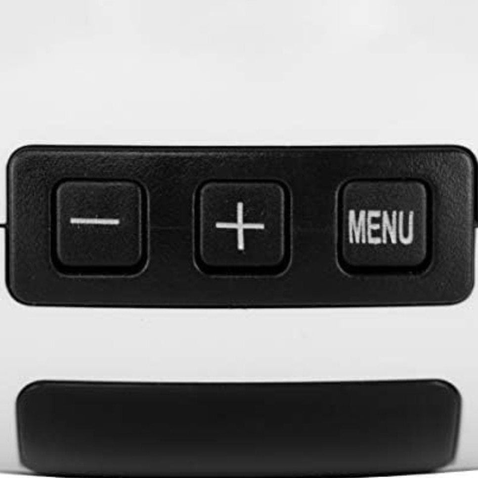 Close-up of a control panel with buttons labeled -, +, and MENU on a white background.