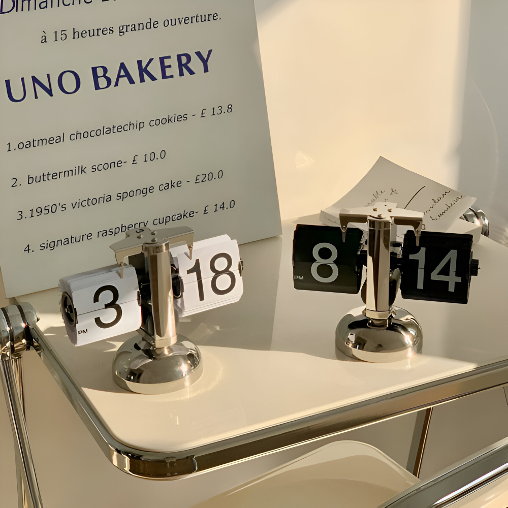 Metallic clock-like objects with numbers on a shelf in front of a UNO BAKERY sign.