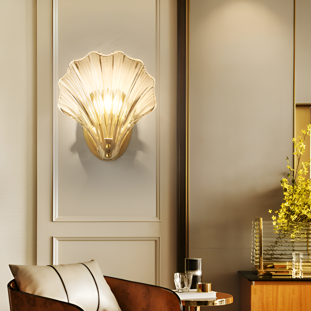 Decorative wall sconce in a stylish interior setting with a chair and table.