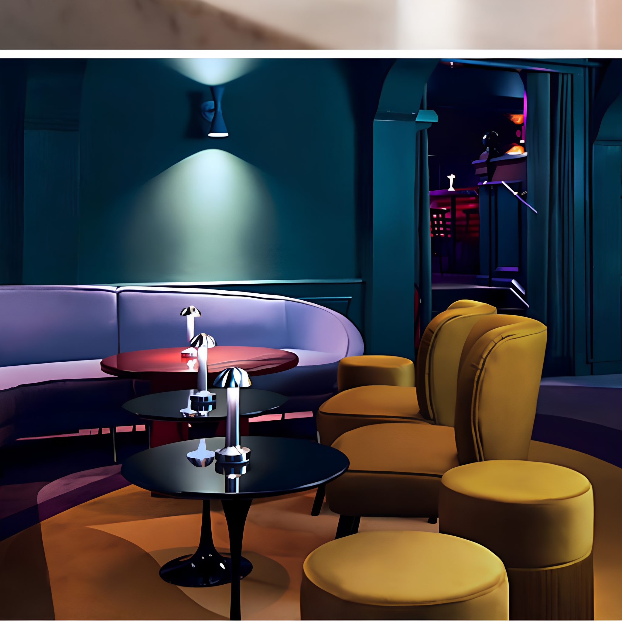 Modern interior design with yellow chairs and tables in a dimly lit room.