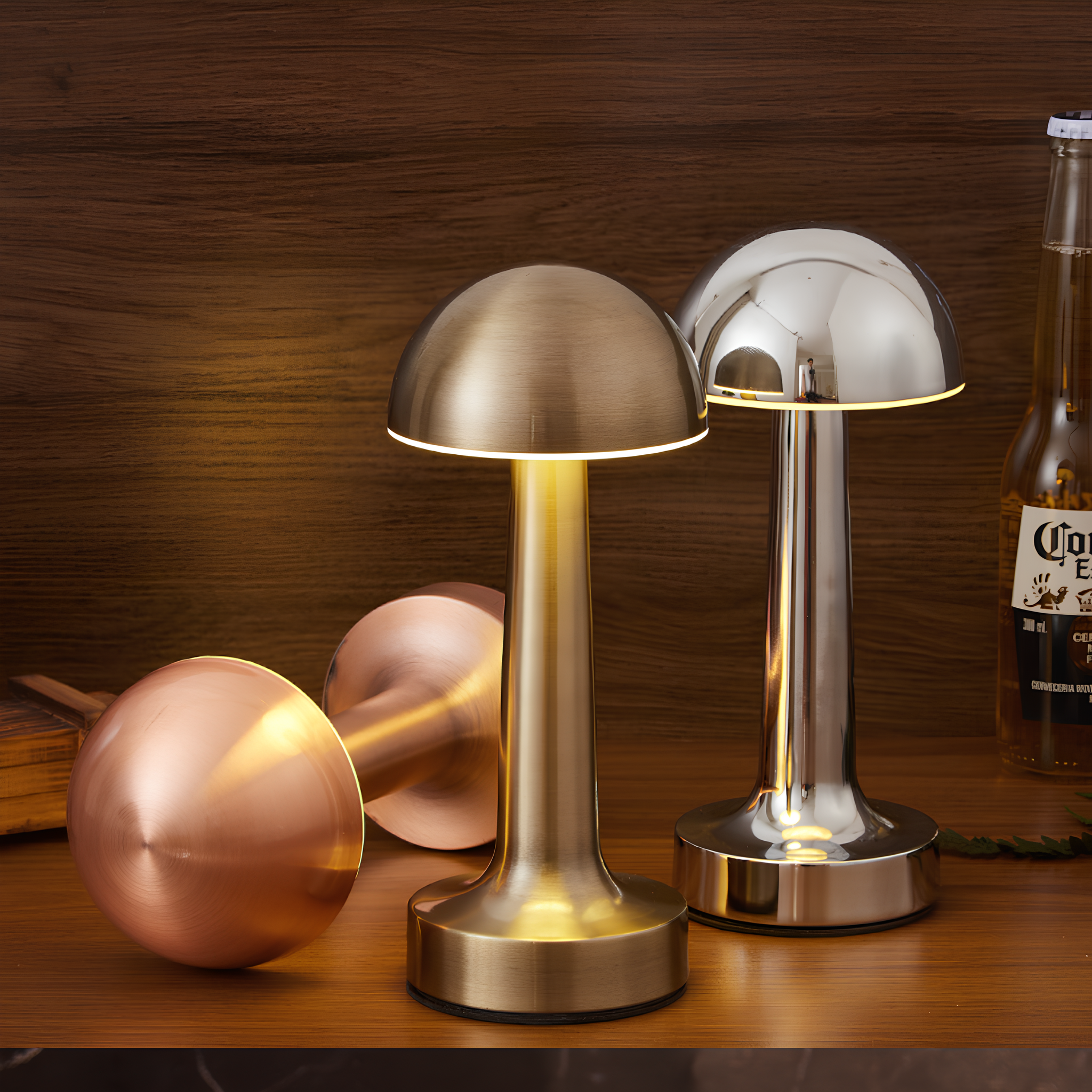 Two metallic table lamps on a wooden surface with a bottle of Coors Light in the background.