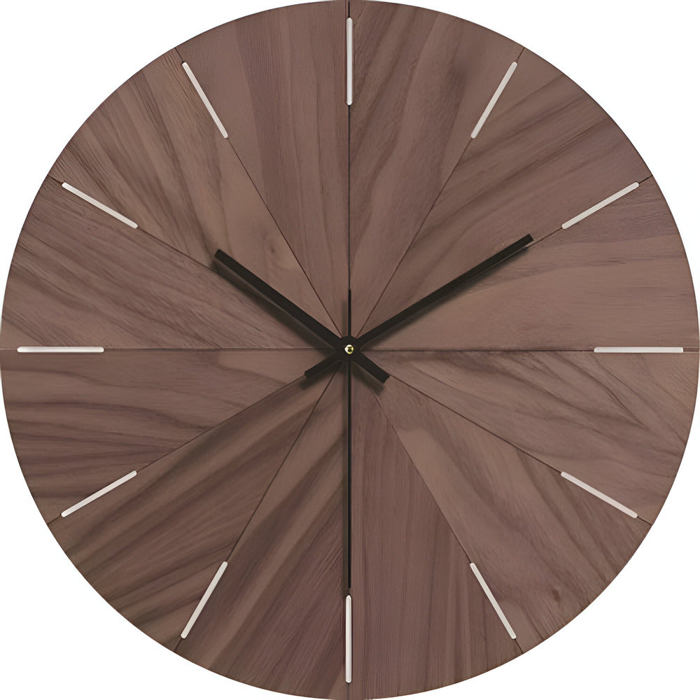 Wooden wall clock with brown finish and black hands on a white background
