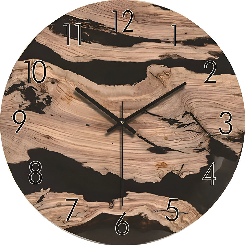 Wooden clock with black accents on a white background