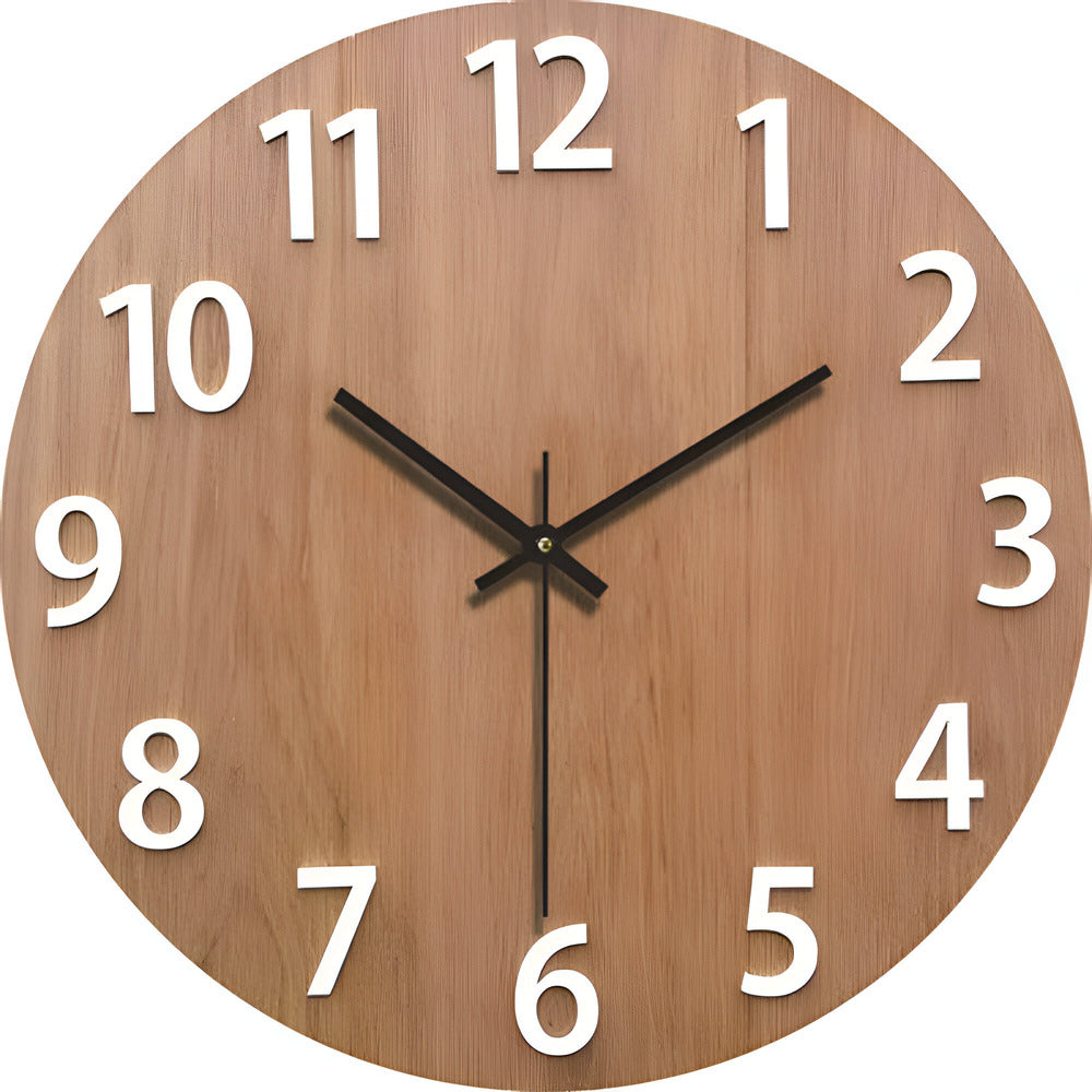 Wooden wall clock with white numbers on a white background