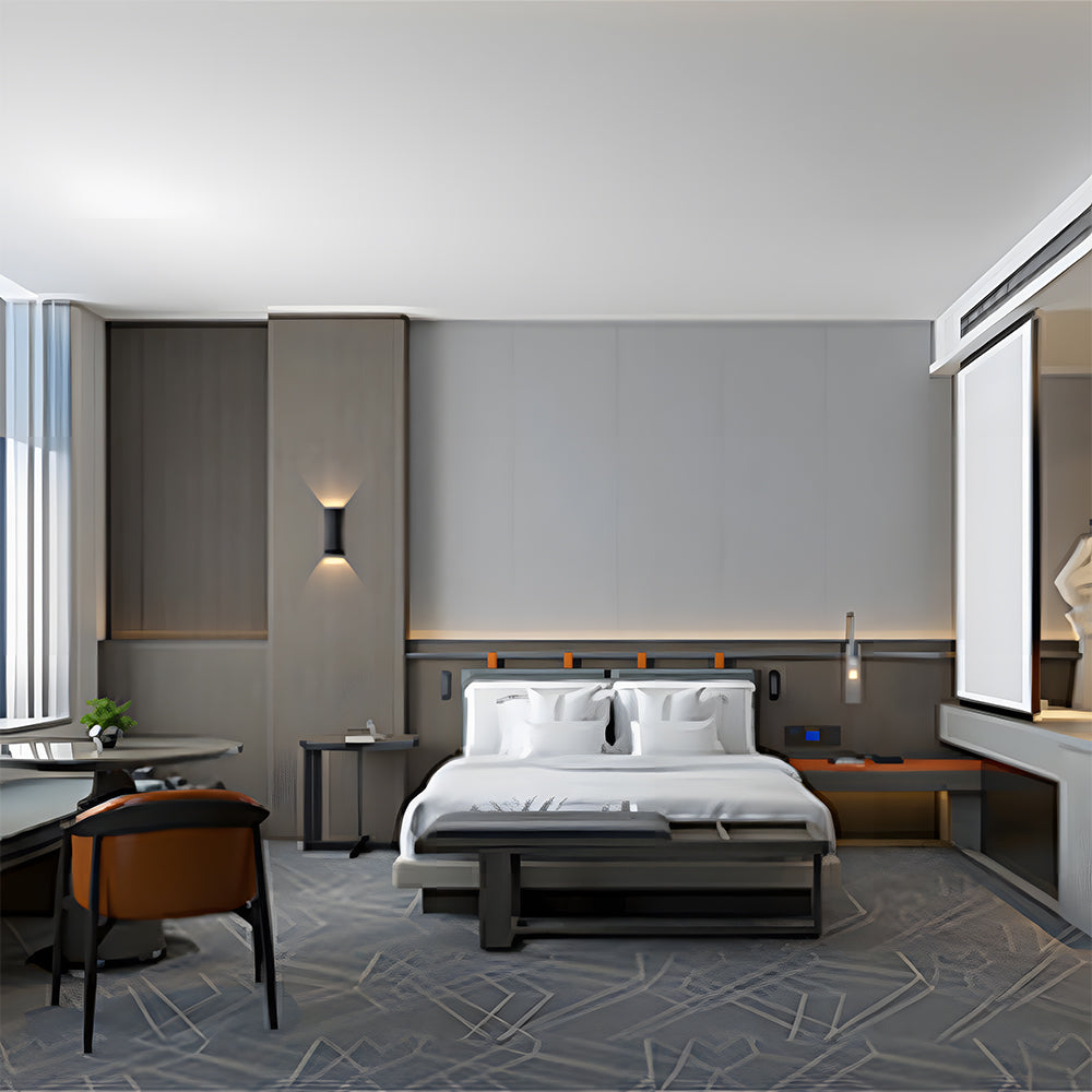 Modern bedroom with a wall-mounted light fixture and interior view.