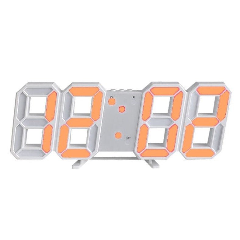 Digital clock with orange LED digits on a white background