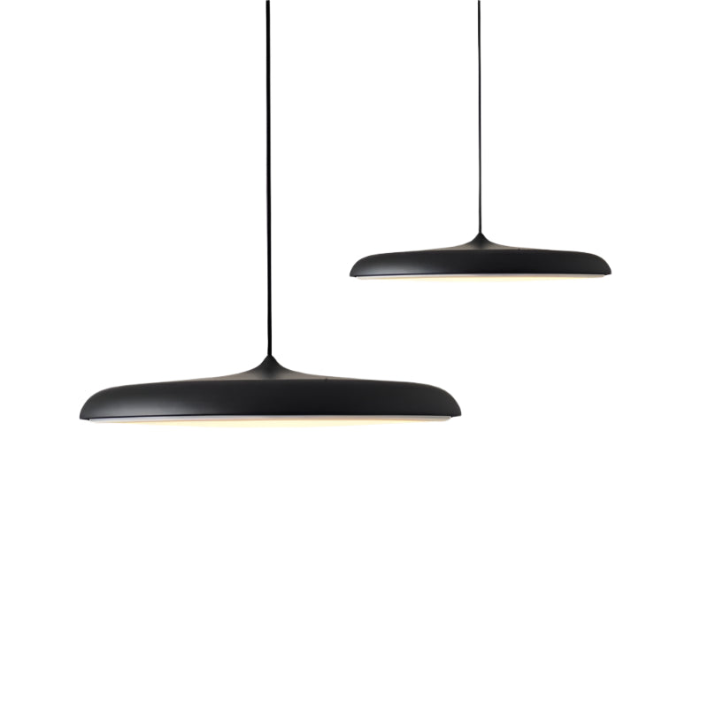 Two black pendant lights on a white background