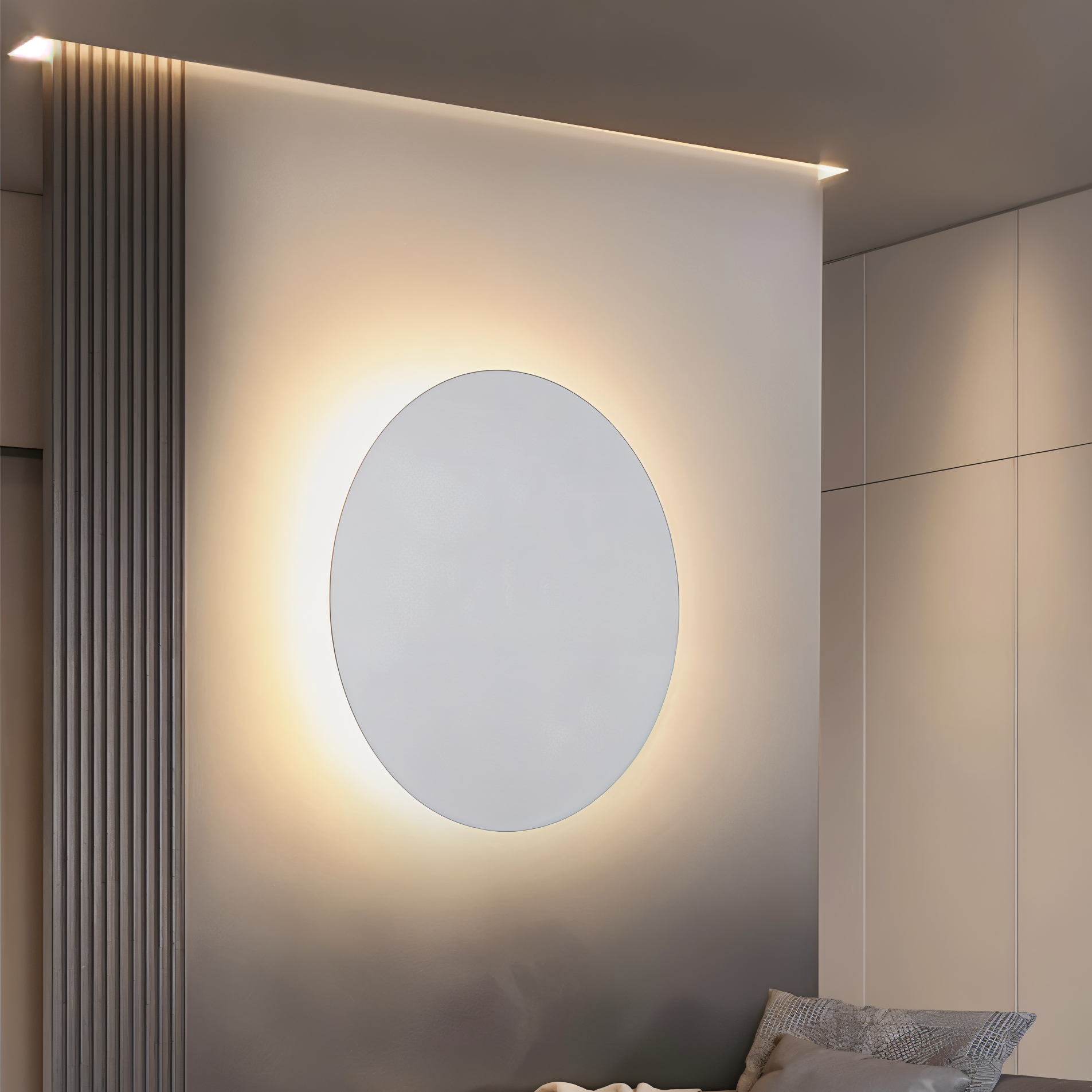 Modern bedroom with a round mirror on a gray wall