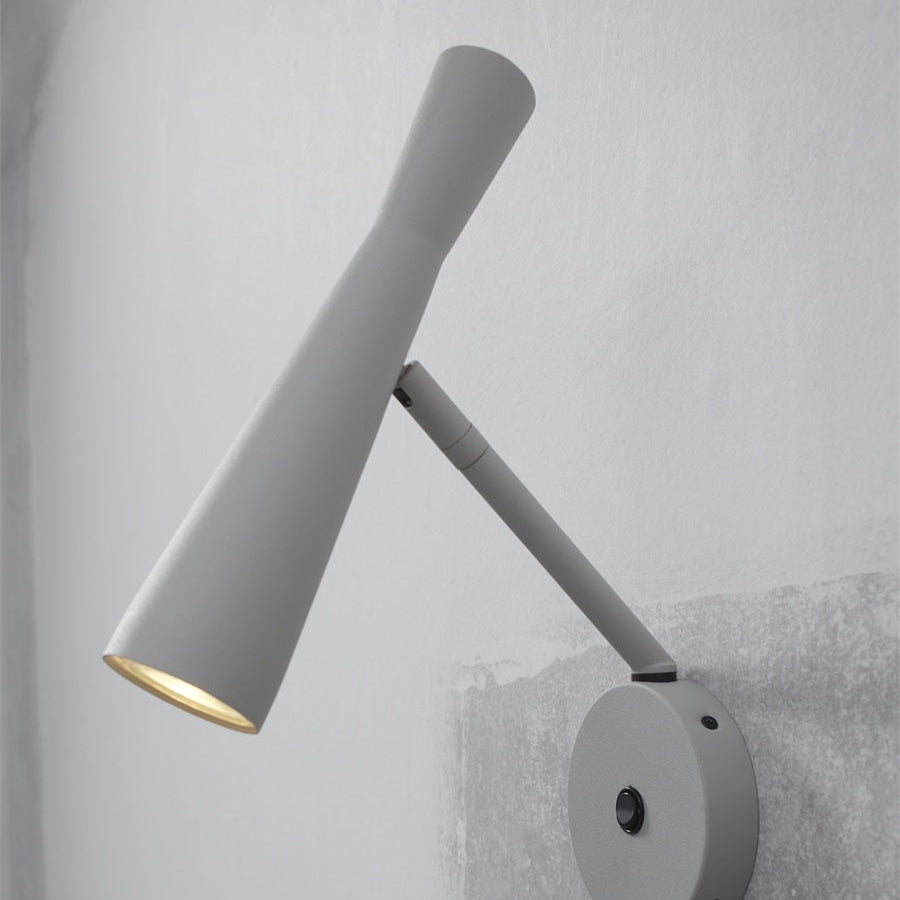 Modern wall-mounted lamp with adjustable arm on a gray background