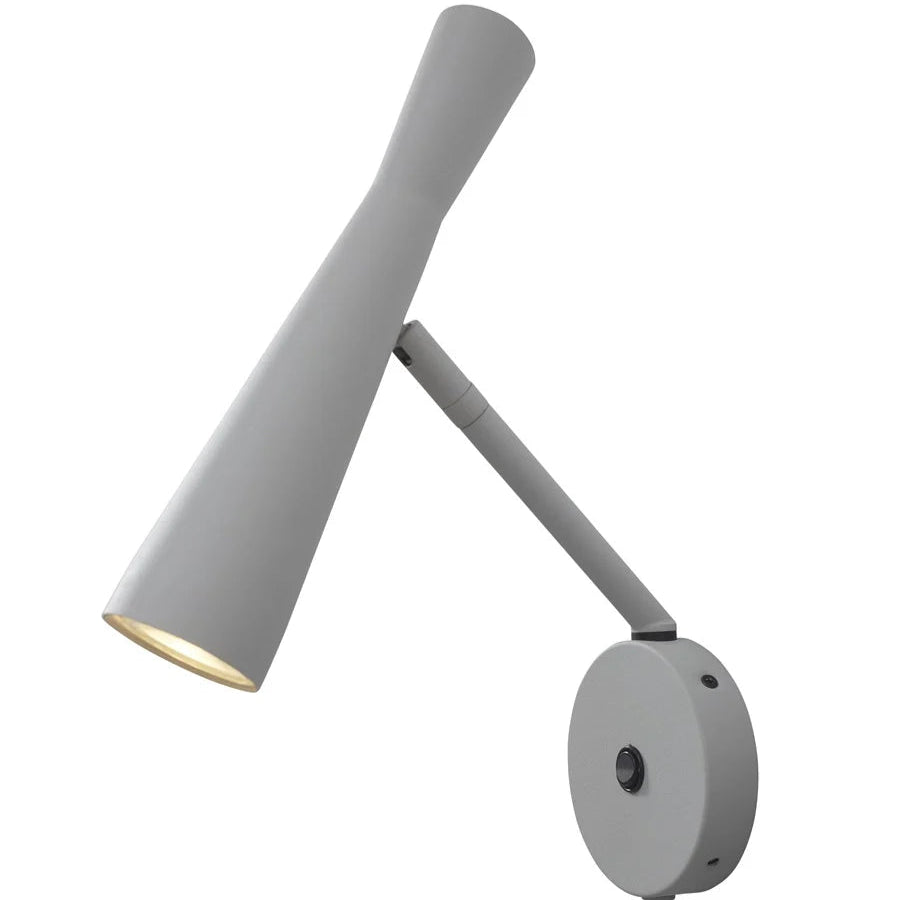 Gray wall lamp with adjustable arm on a white background