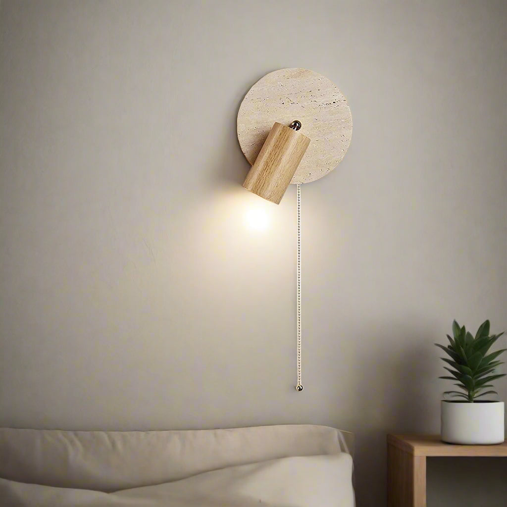 Modern Rotatable LED Wall Sconce with Travertine and Wood – Adjustable Spotlight Wall Lamp for Cozy Living Spaces 2
