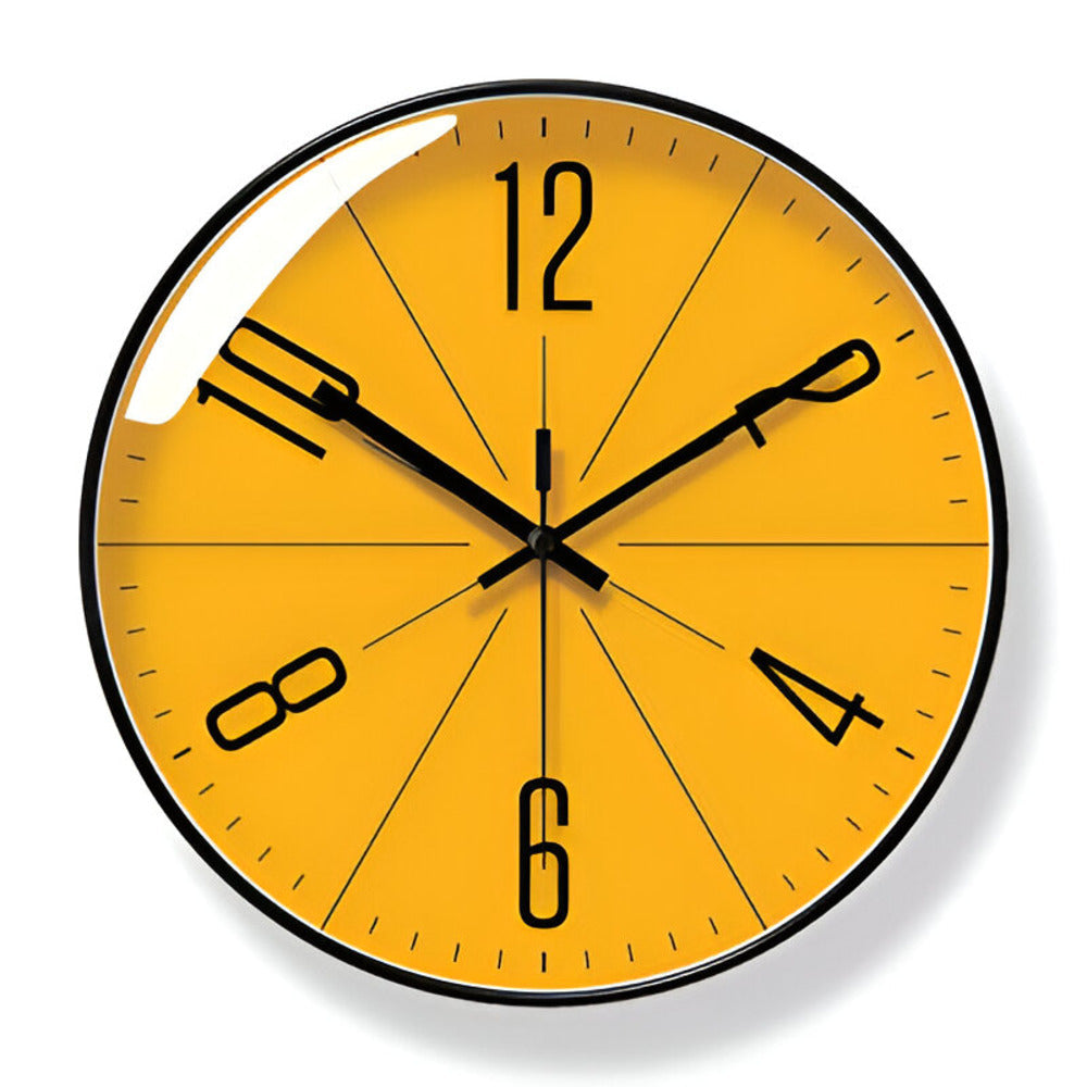 Yellow wall clock with black numbers and hands on a white background