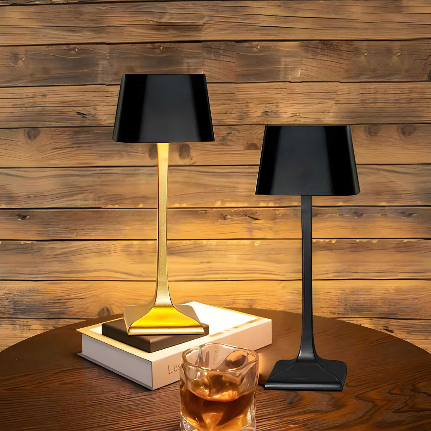 Two table lamps with black and gold bases on a wooden surface.