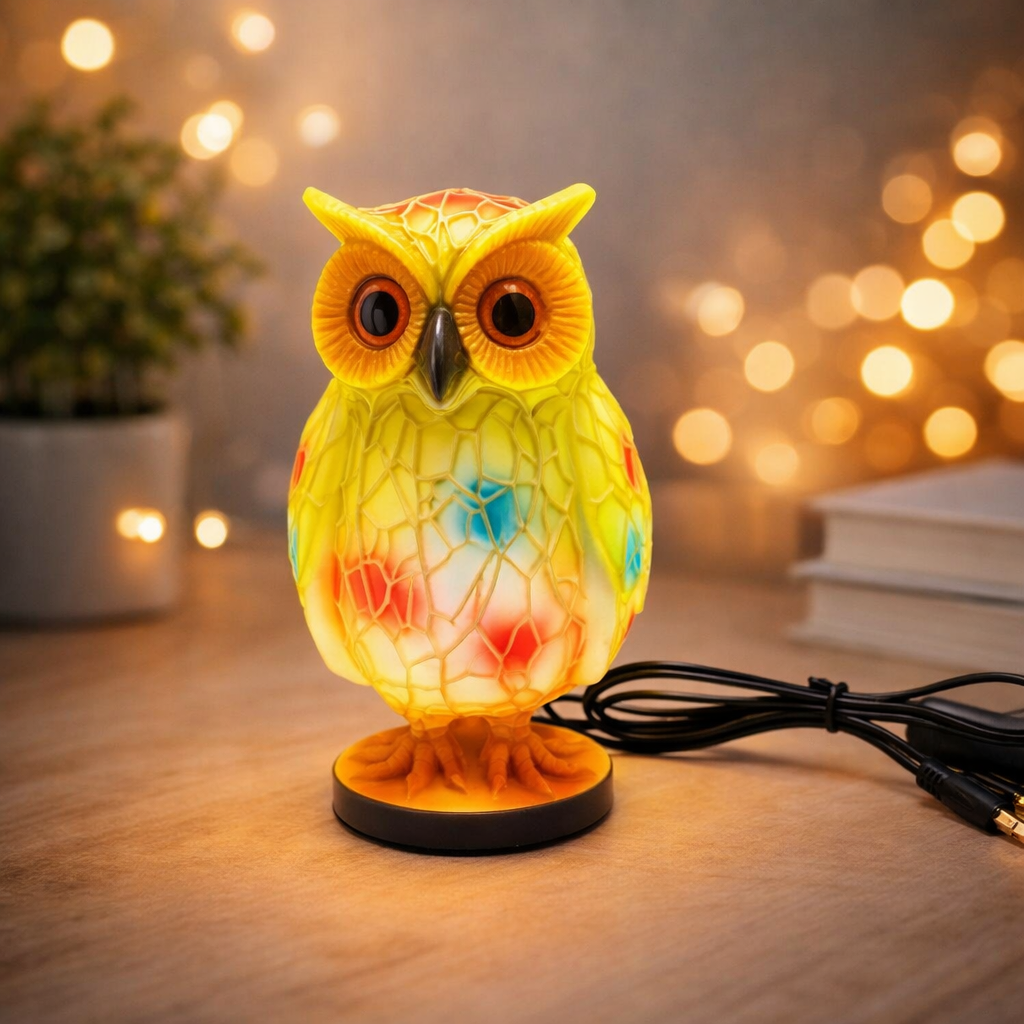 Colorful owl-shaped lamp on a wooden surface with a blurred background