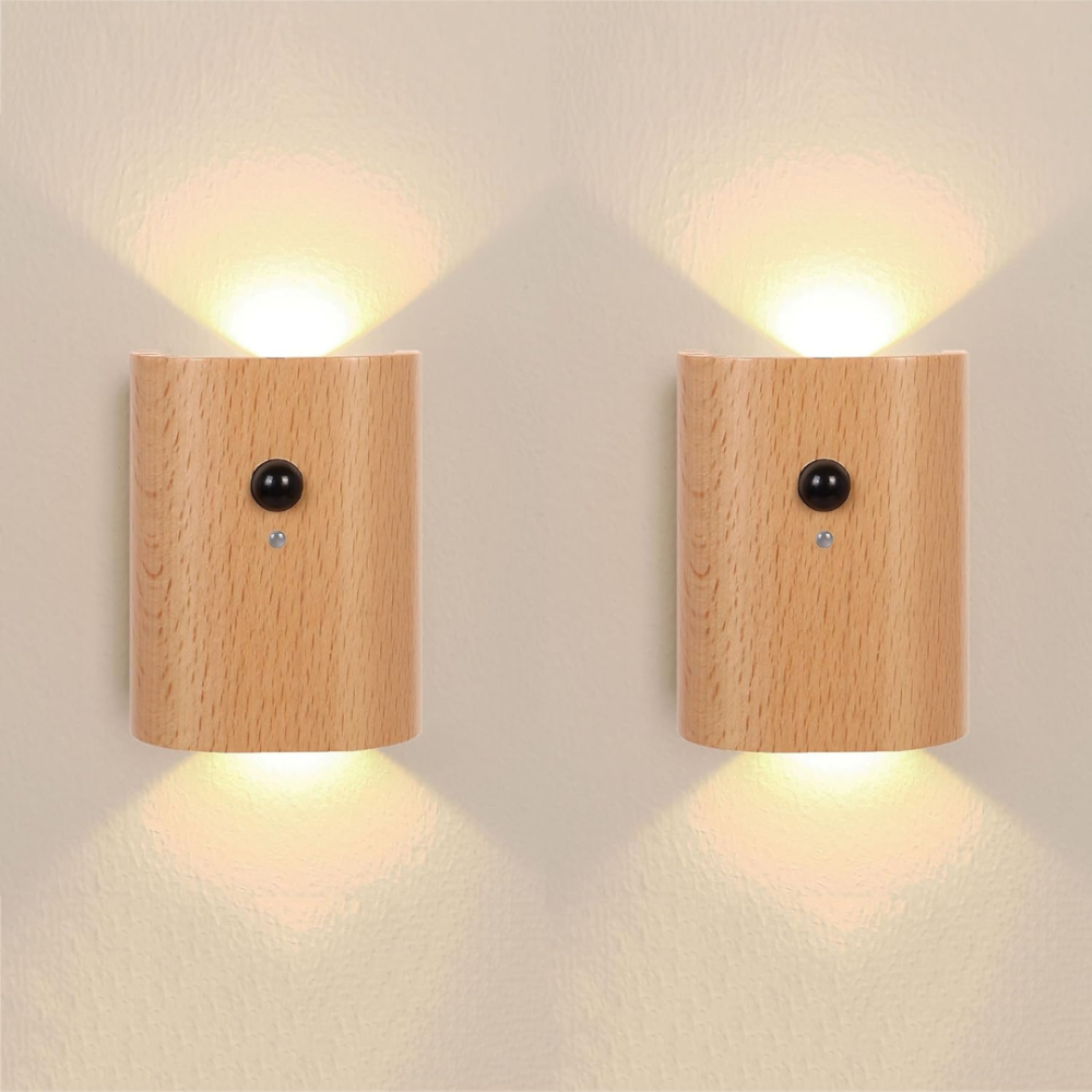 Two wooden wall lights on a plain wall