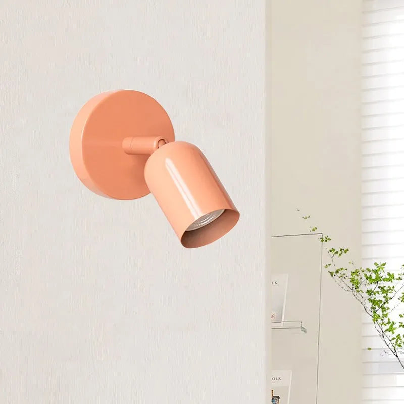 Coral-colored wall sconce on a light gray wall with a window and plant in the background