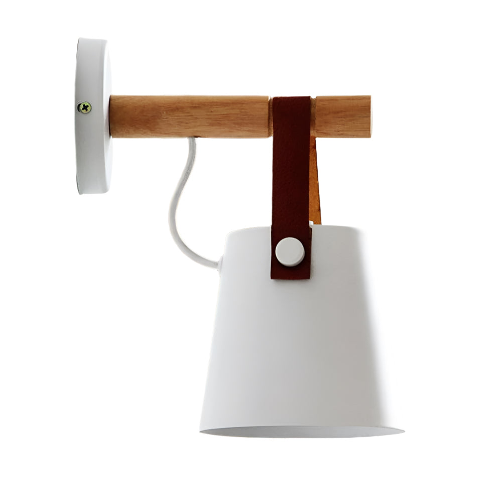 Wall-mounted lamp with wooden handle and white shade on a white background
