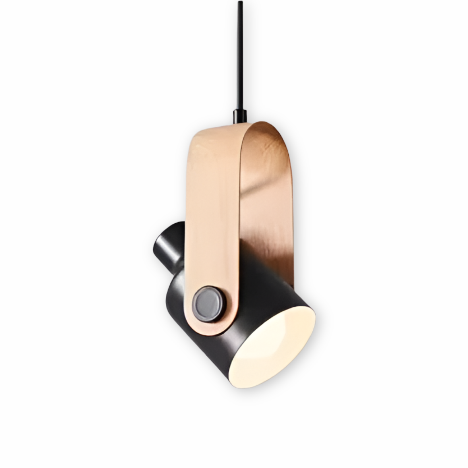 Modern pendant light with black and gold design on a white background