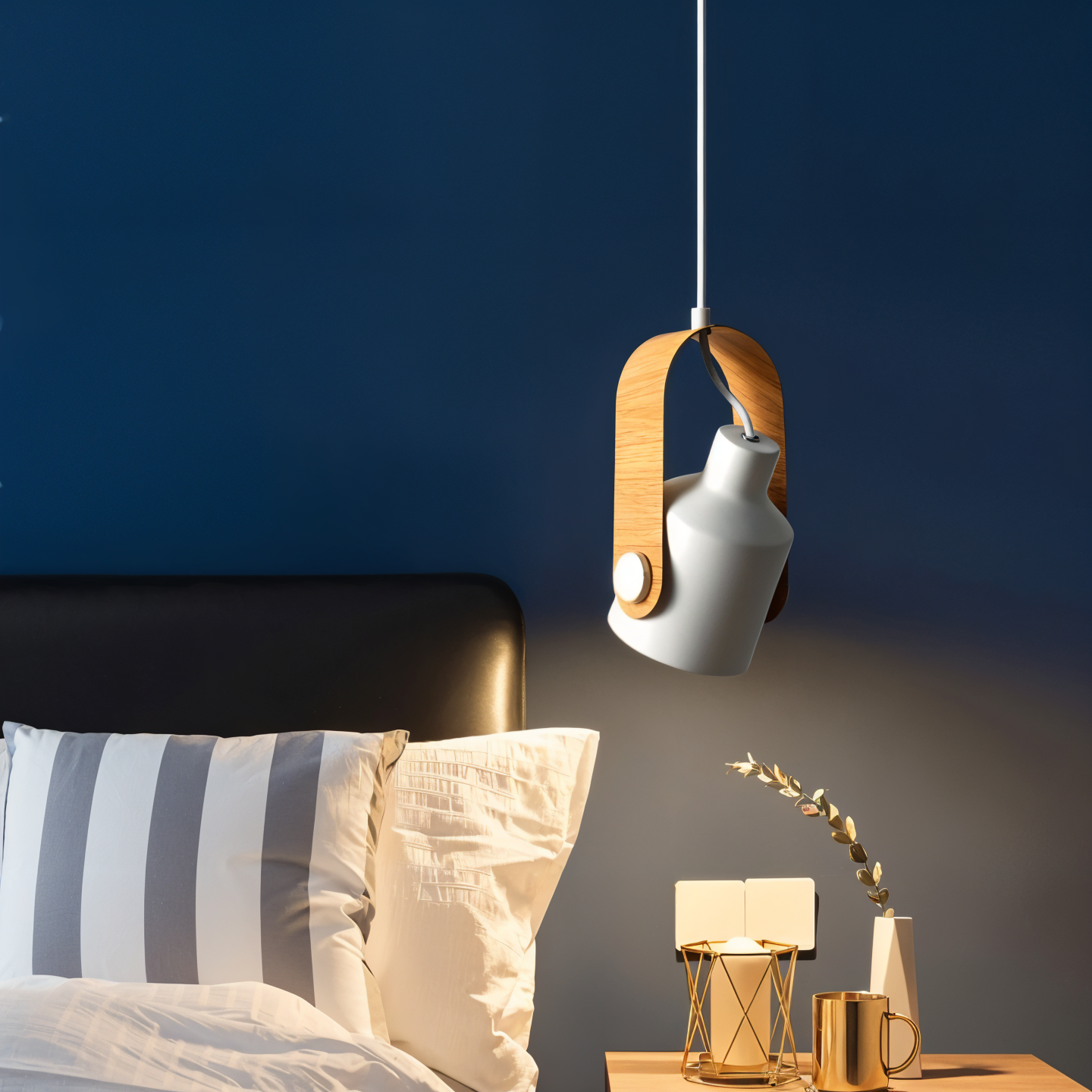 Modern pendant light fixture hanging above a bed with pillows and a nightstand.