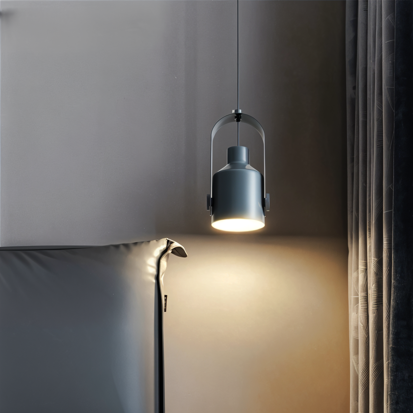 Modern pendant light fixture hanging from a ceiling in a minimalistic setting.