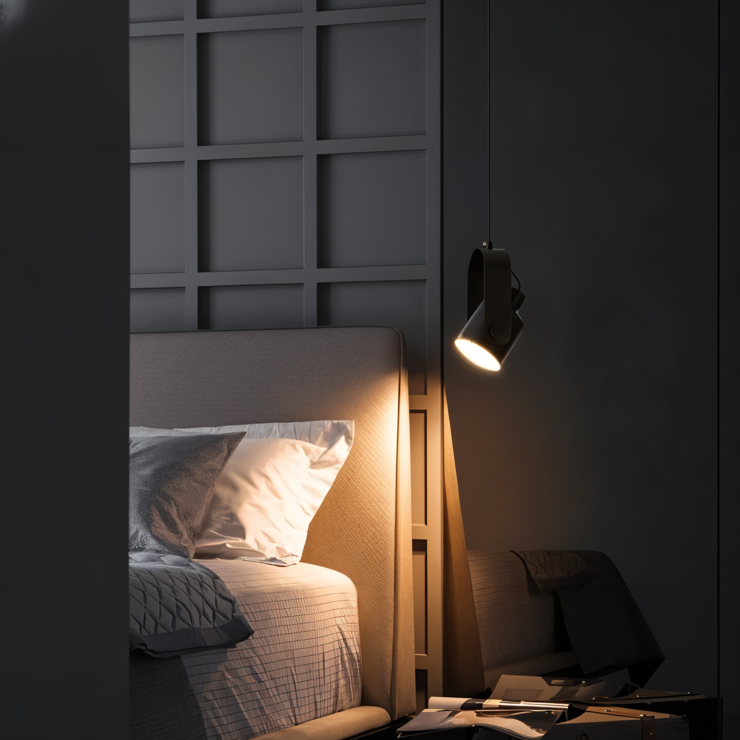 Bedroom with a lit lamp casting light on a bed and wall.