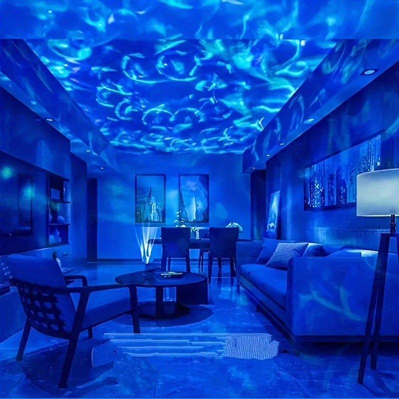 Modern living room with blue lighting and ceiling projection