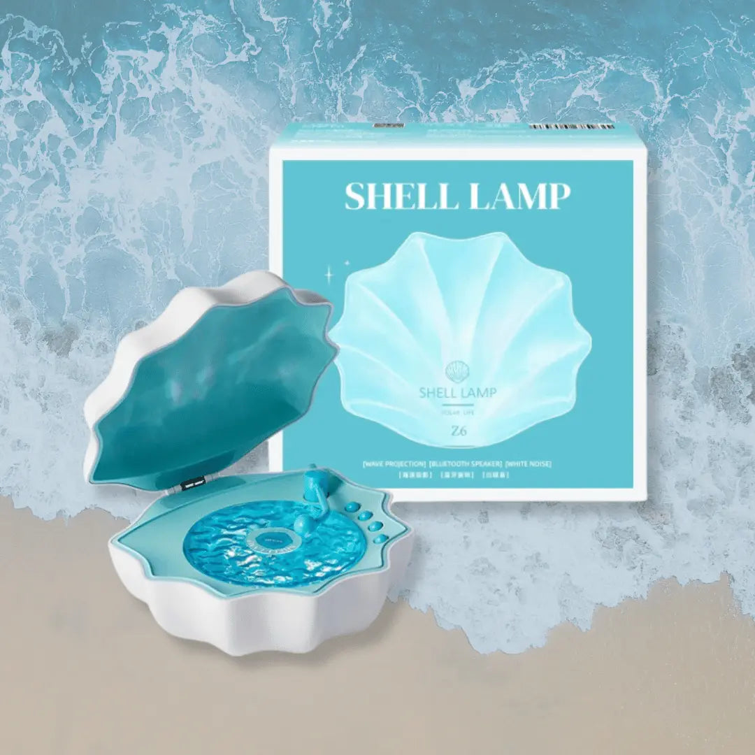 Shell-shaped lamp with packaging on a textured blue and beige background