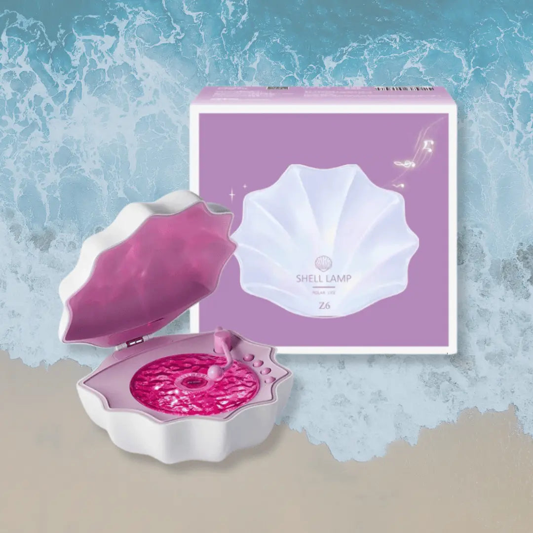 Shell-shaped lamp with pink interior and packaging on a textured blue and beige background