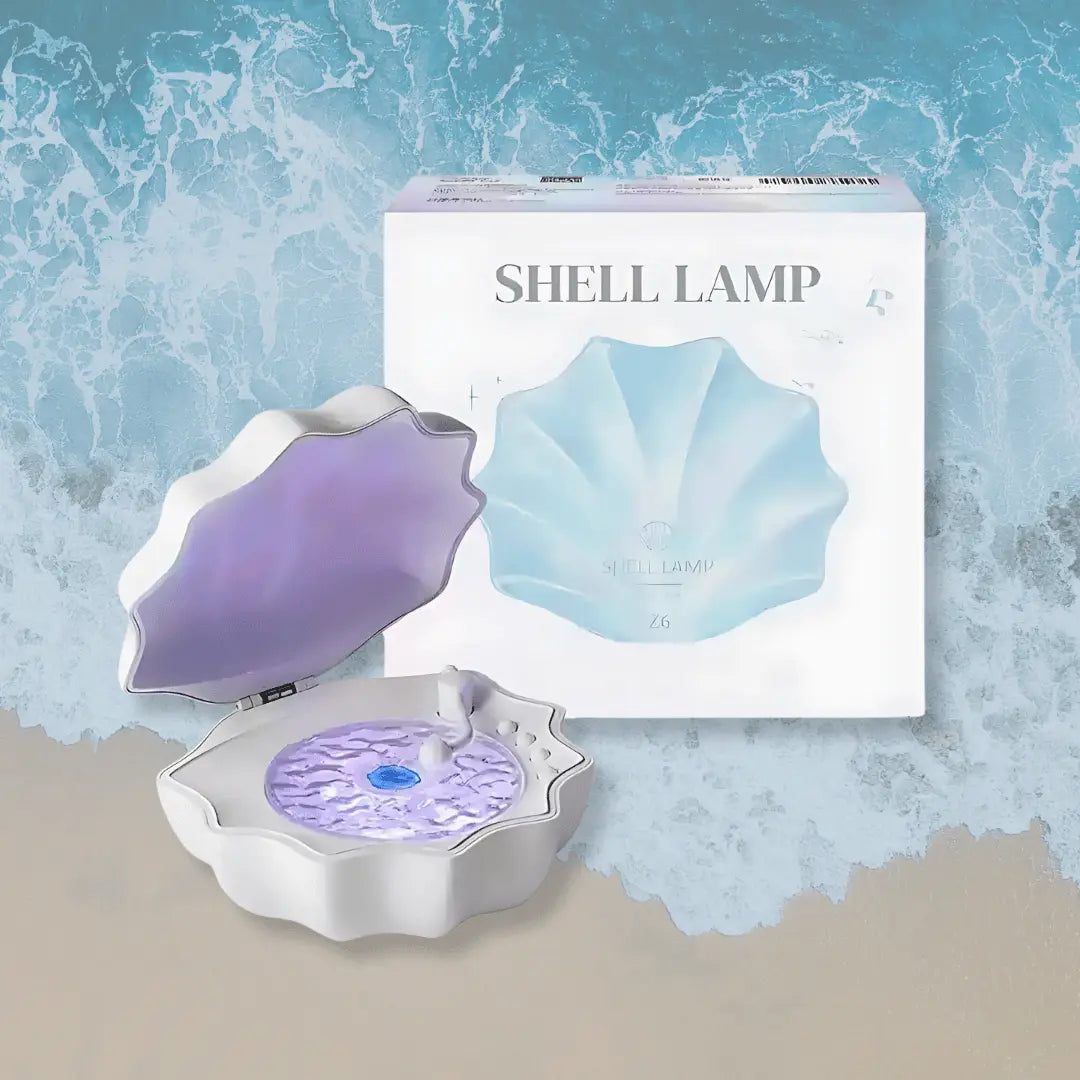Shell-shaped lamp with packaging on a beach-themed background