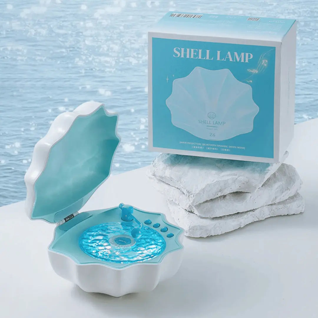 Shell-shaped lamp with packaging on a light blue background