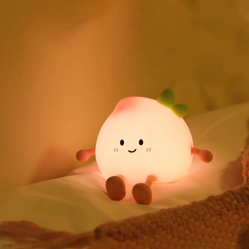 Cute, glowing character light on a soft surface with a warm background