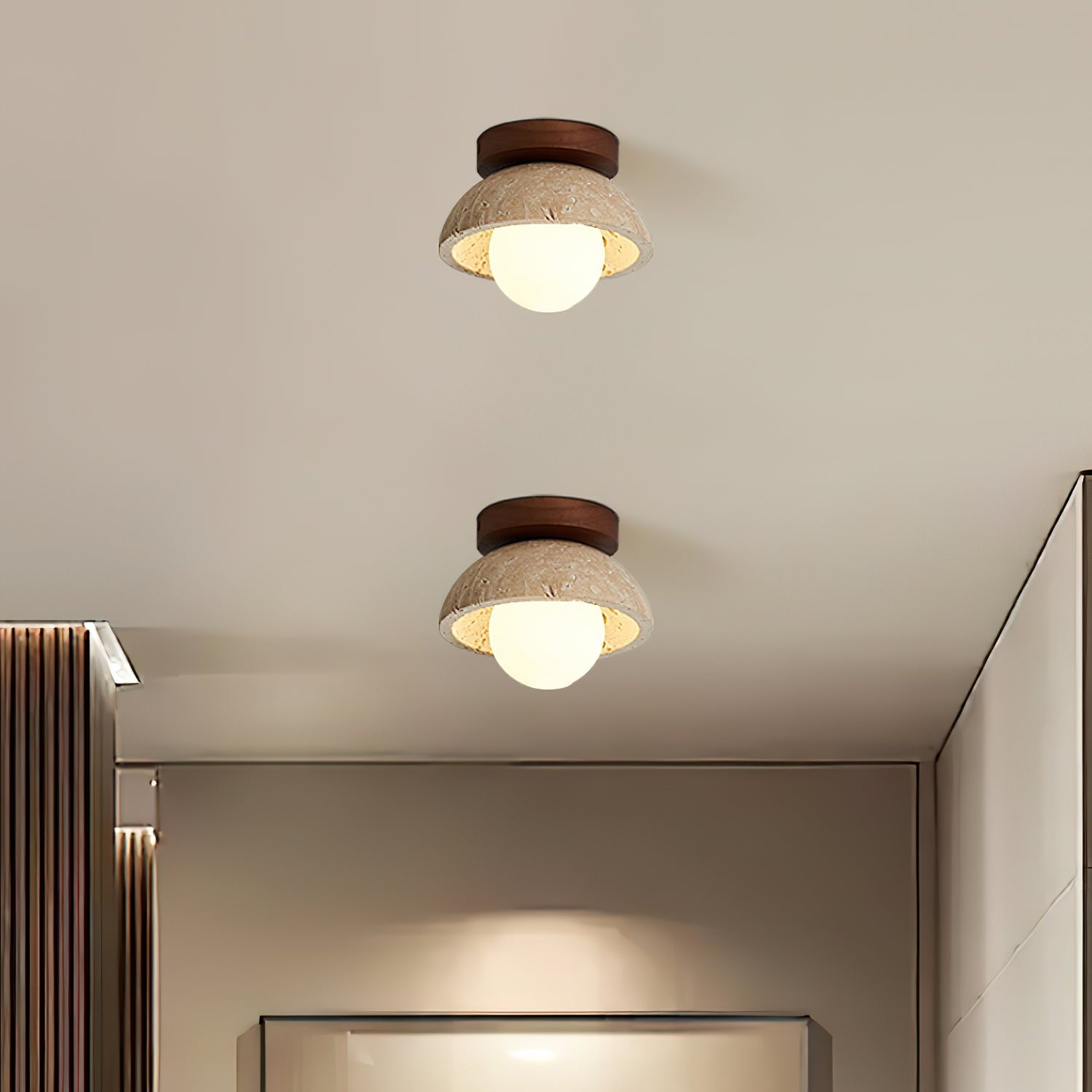 Two ceiling lights with wooden frames on a white ceiling.