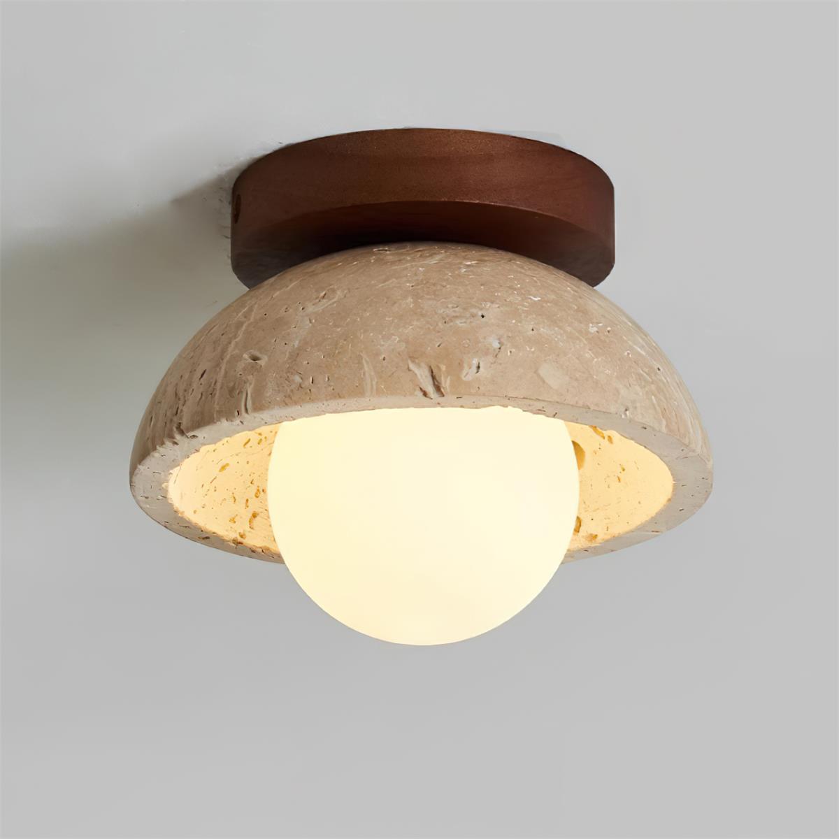 Ceiling light fixture with wooden top and concrete base on a gray background
