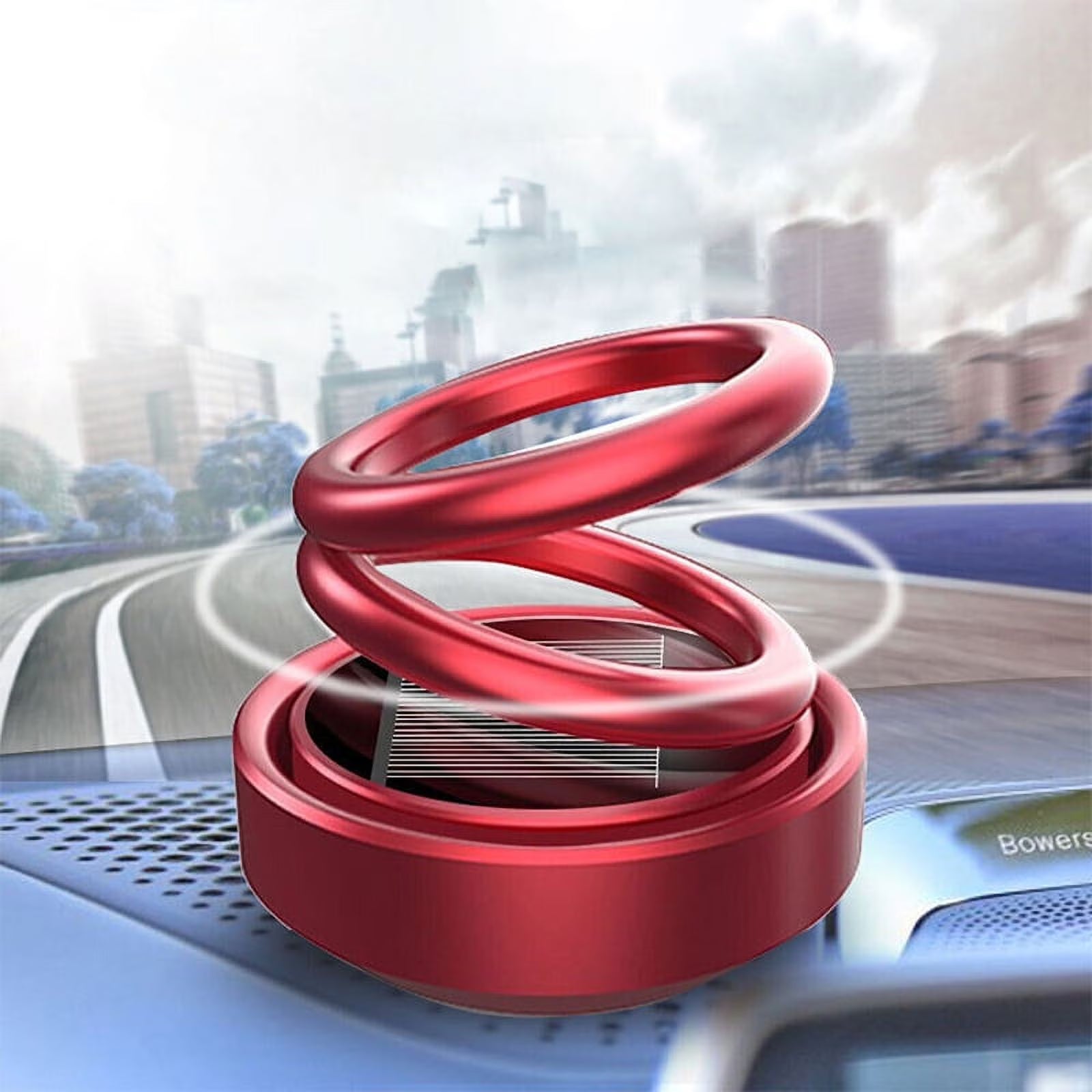 Red car air heater with a cityscape background