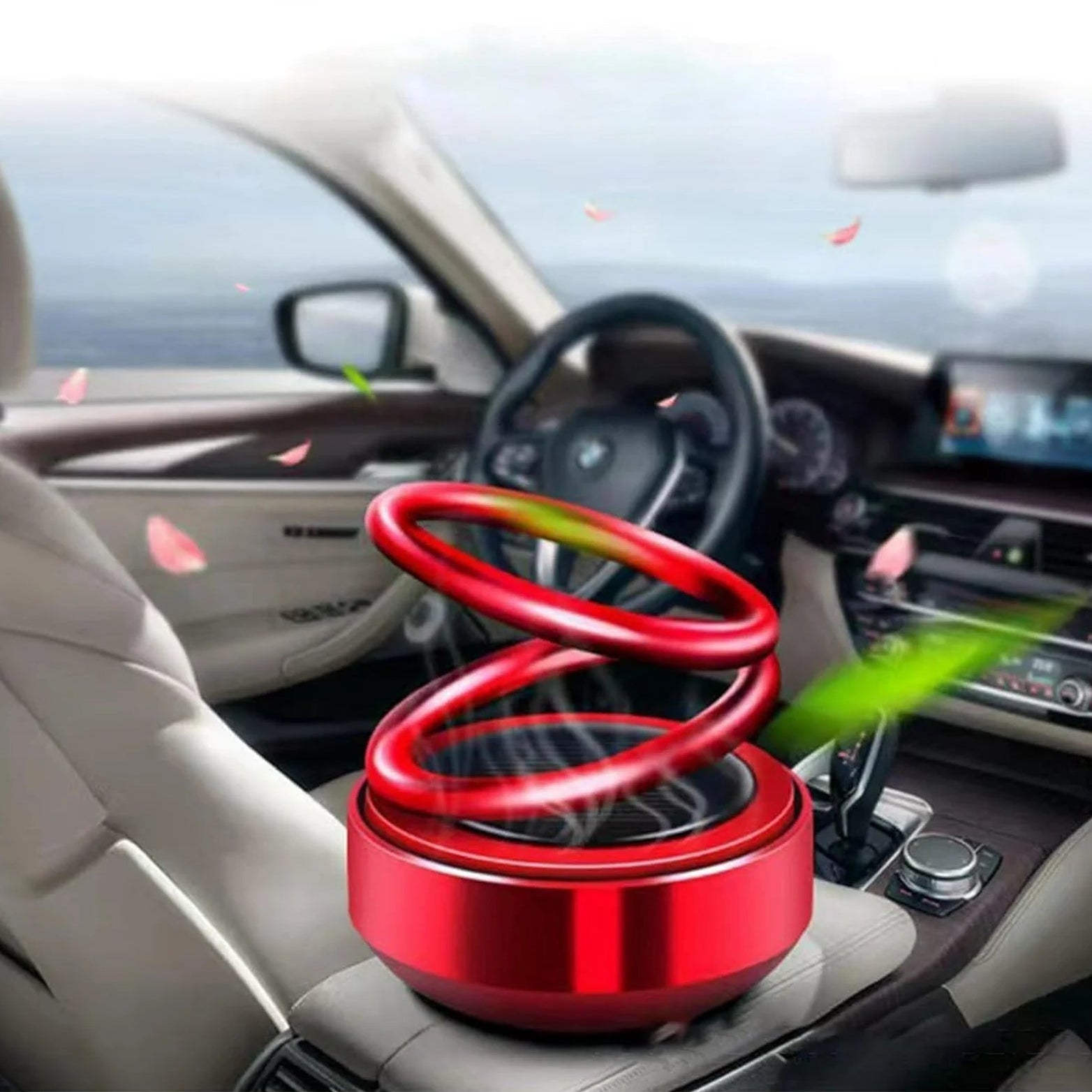 Red car air heater with green scent on a car dashboard