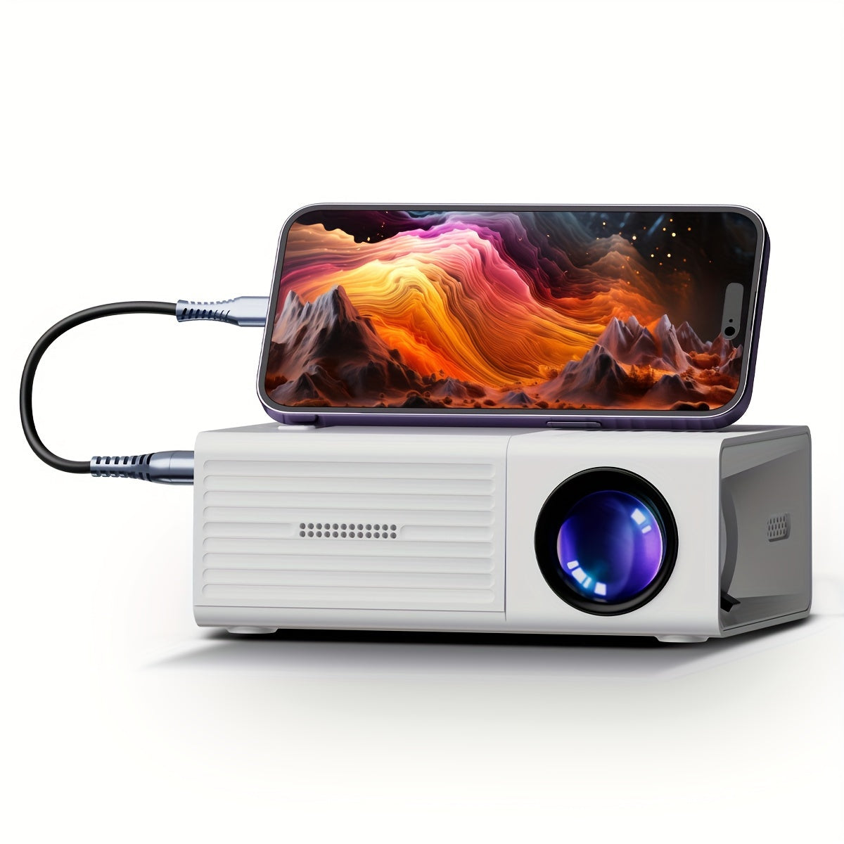 White projector displaying a colorful mountain scene on a smartphone screen.