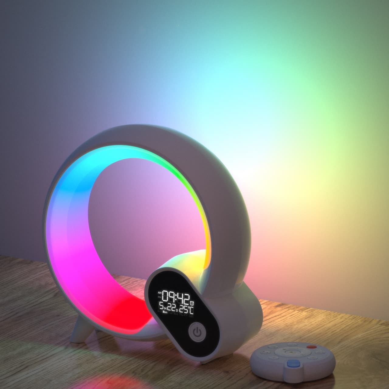 Colorful circular lamp with digital display on a wooden surface