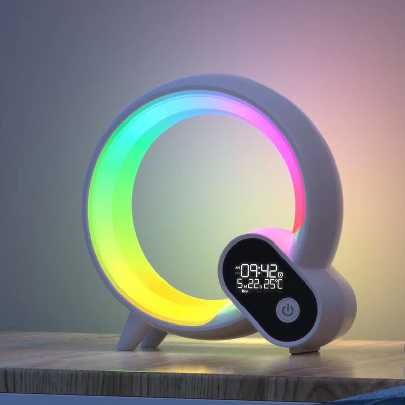 Colorful circular light with digital display on a wooden surface