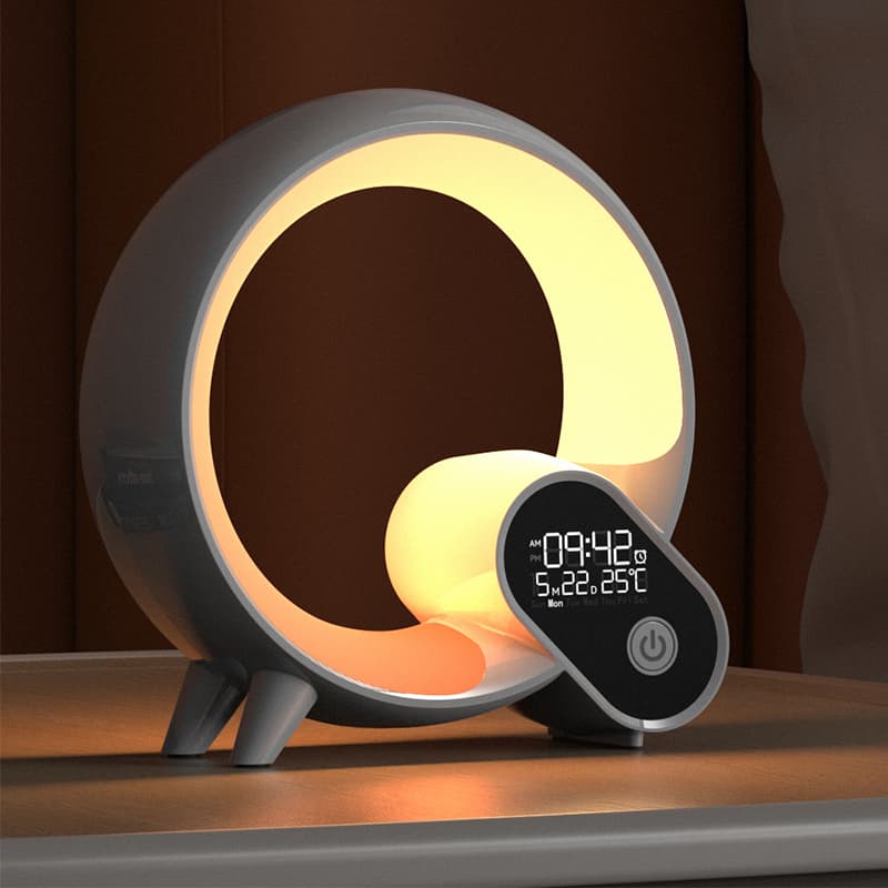 Round night light with digital display on a wooden surface