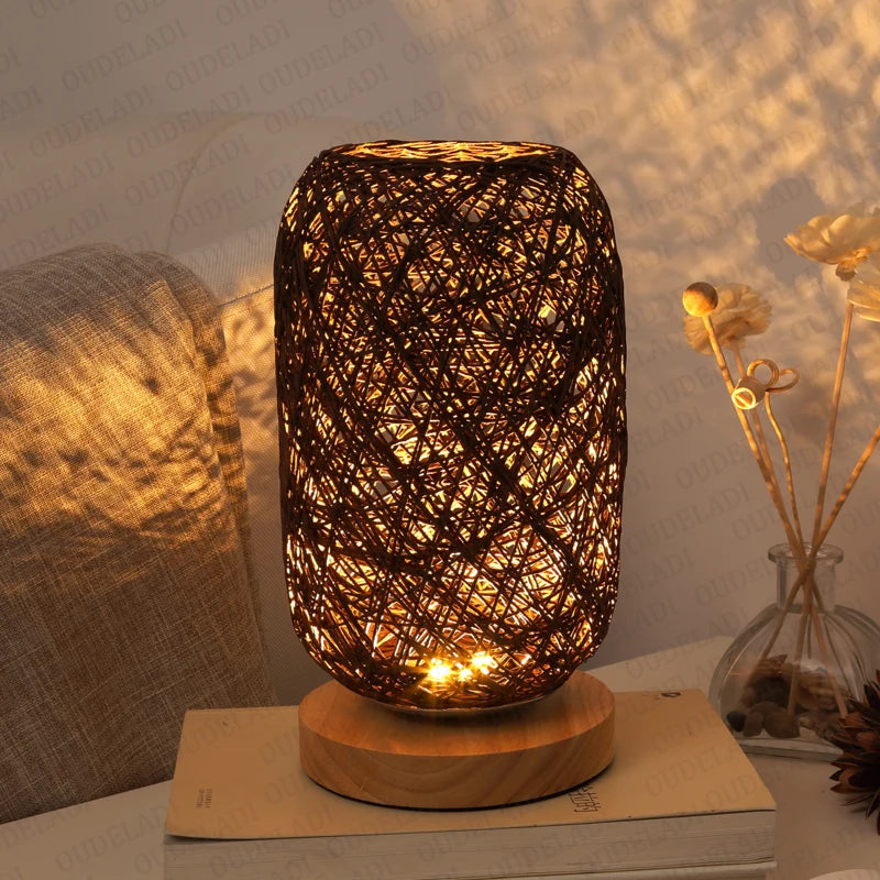 Rattan Bedside Lamp with Wooden Base – Handcrafted Natural Design for Bedroom, Cozy Table Lamp for Nightstand 4