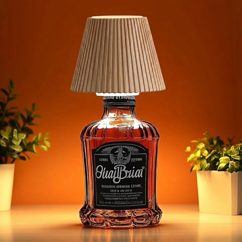 Jack Daniel's whiskey bottle repurposed as a lamp with a pleated beige shade on an orange background.