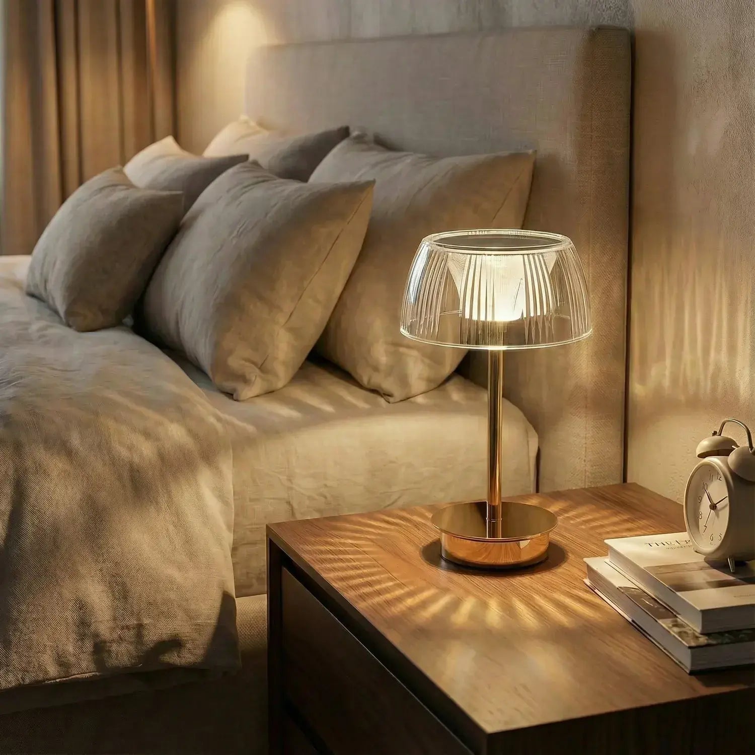 Lamp on a bedside table next to a bed with pillows in a cozy bedroom setting.