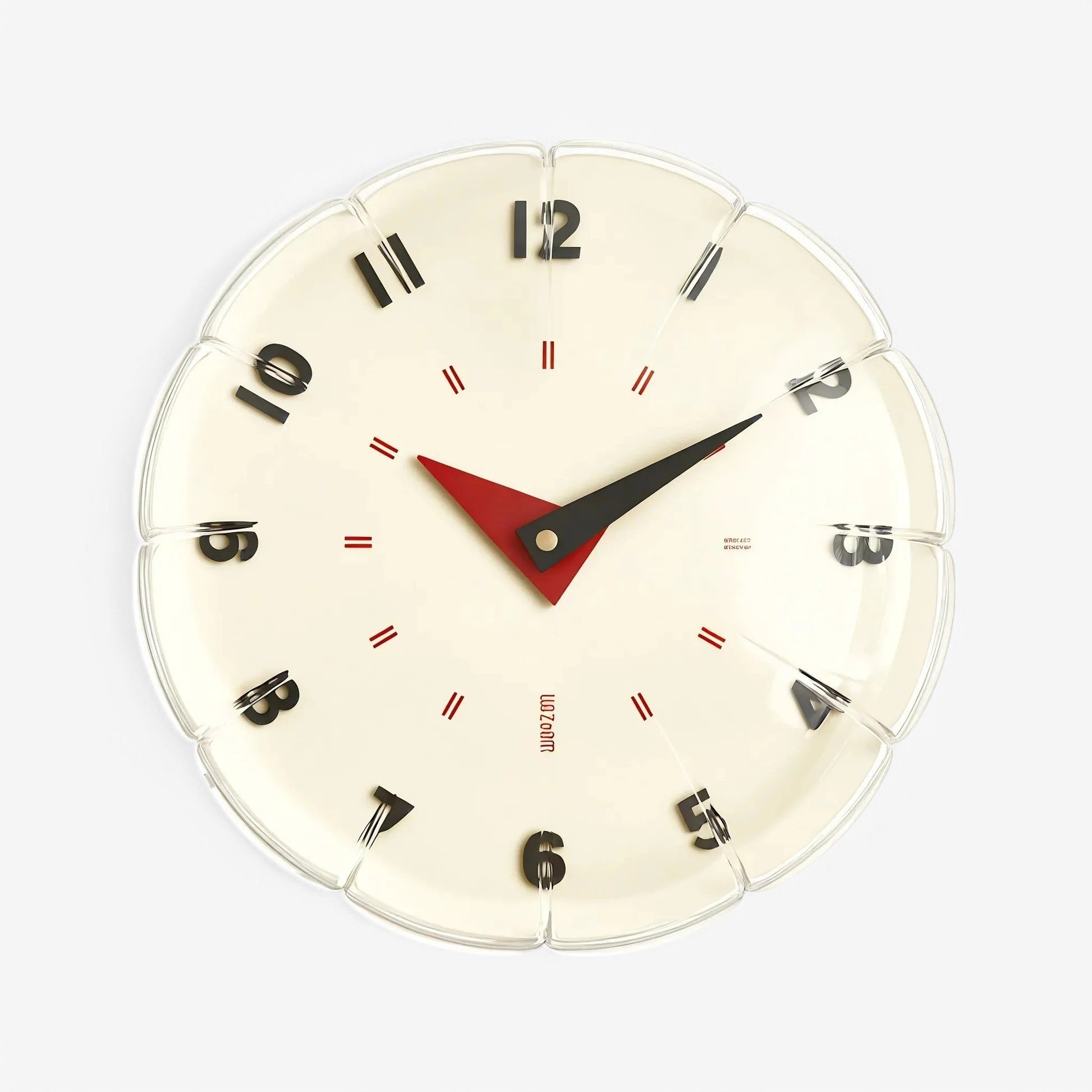 Round clock with a white face, black hour markers, and red second hand on a white background