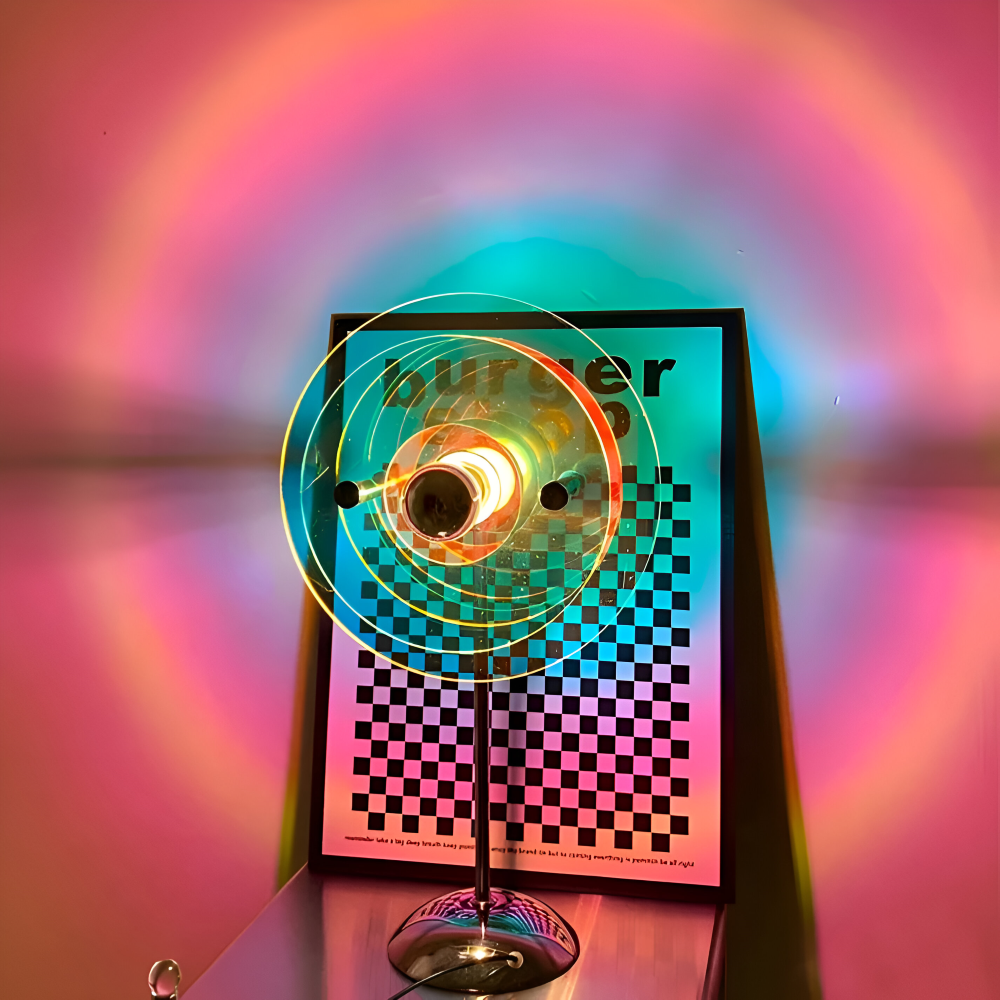 Colorful light fixture with a checkered pattern on a blurred background