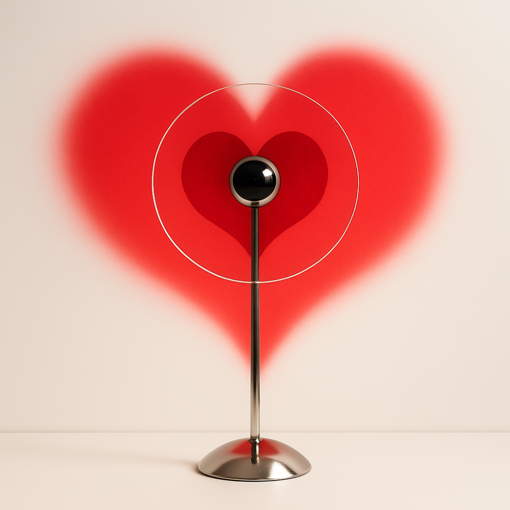 Decorative lamp with a heart-shaped light projection on a beige background
