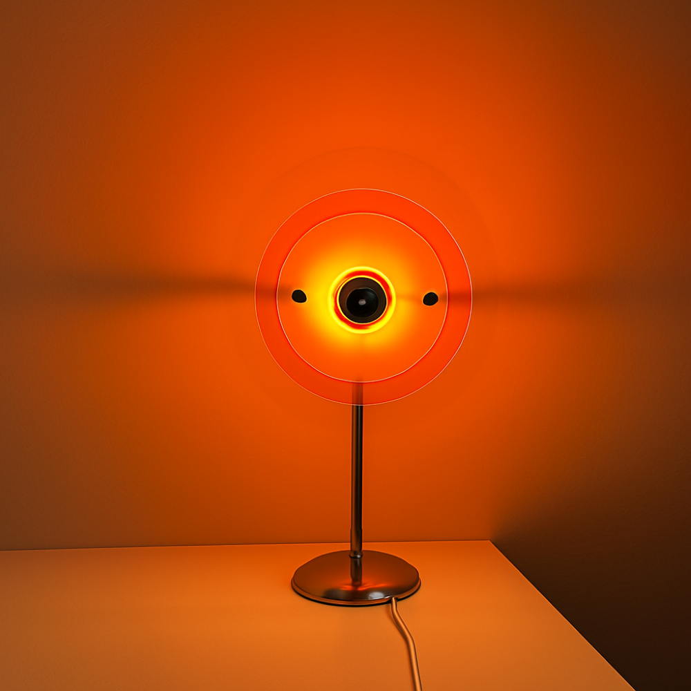 Ornamental lamp with a glowing orange light on an orange background