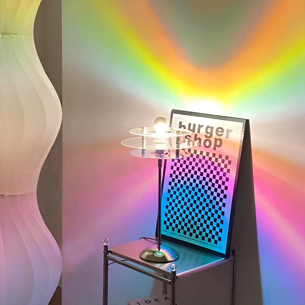 Futuristic table with a 'burger shop' sign under a colorful, wavy light fixture.