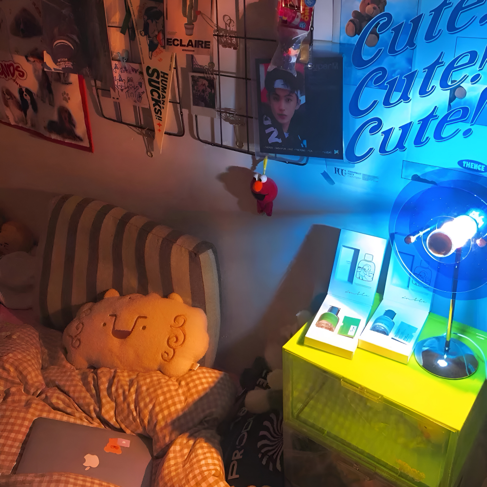 Children's room with posters, a lamp, and toys on a shelf.