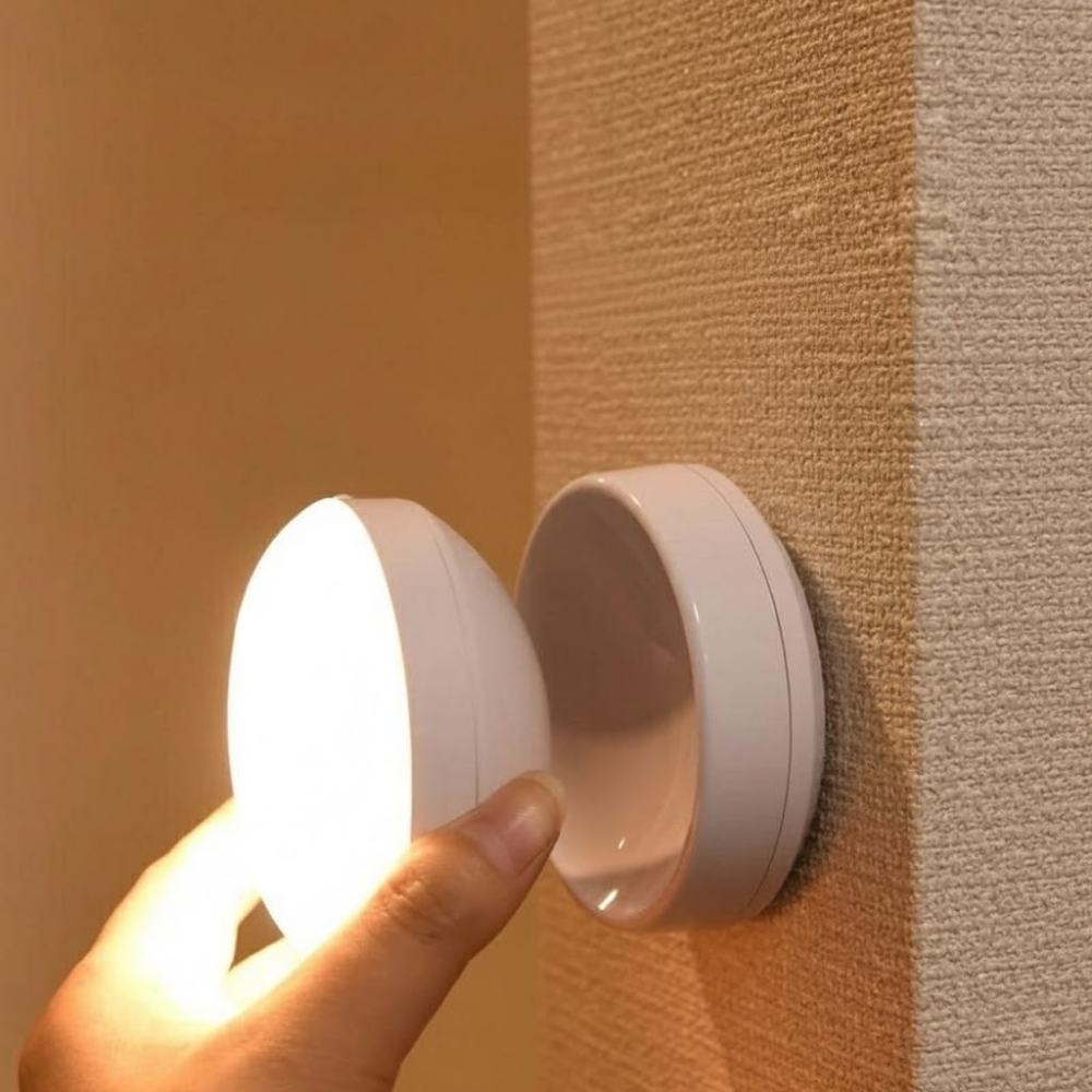 Hand turning on a wall-mounted light fixture with warm lighting.